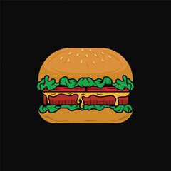 Cartoon delicious big hamburger with cheese and sesame seeds isolated on a black background illustration vector design