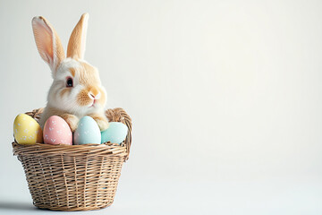  Adorable Bunny Sitting in Basket with Colorful Easter Eggs