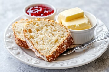 A beautifully presented plate of Irish soda bread with butter and jam, isolated on a transparent background.