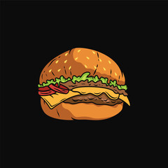 Cartoon delicious big hamburger with cheese and sesame seeds isolated on a white background illustration vector design