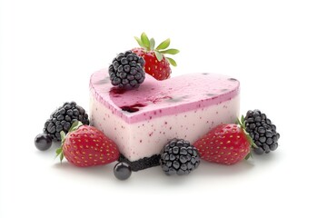 Heart-shaped berry cheesecake, adorned with fresh strawberries and blackberries, a delightful dessert.