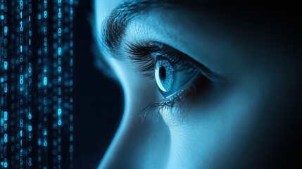 Human vision and digital information, woman's eye with binary code overlay closeup