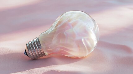 A unique iridescent light bulb rests on a soft pastel surface, showcasing its innovative design and artistic appeal.