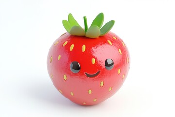 A cute cartoon strawberry with a happy face, 3D rendered against a white background.