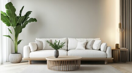 Modern minimalist living room with white sofa, wooden coffee table, and tropical plant