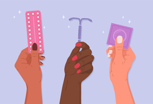 Female diverse hands holding blister pack of hormonal contraceptive pills, IUD and condom. Types of contraception, methods of protecting from unwanted pregnancy. Birth control, safe sex vector concept