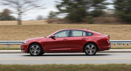 Red sedan driving on a highway with nature background  