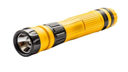 Close up shot of a yellow and black flashlight on a black background view