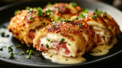 Crispy Chicken Cordon Bleu on Dark Plate, Restaurant Style