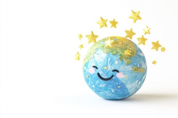 Fototapeta premium A smiling Earth globe adorned with glittering golden stars, symbolizing happiness and environmental care.