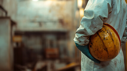 Close-up of worker with stained protective suit and helmet