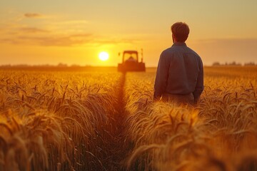 A person in casual attire stands among golden wheat stalks at sunset, watching a tractor working in the field as the sun sets on the horizon Generative AI