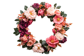 Vibrant floral wreath with colorful blossoms and green leaves, cut out