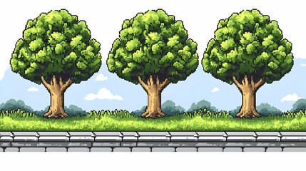 Three Green Trees and Grass Pixel Art Landscape with Blue Sky and Stone Sidewalk for Game Background