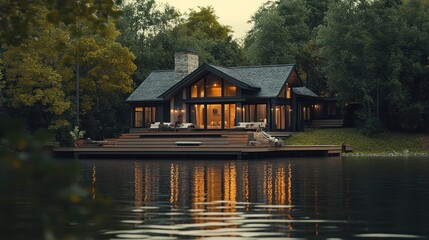 Lakeside cabin at twilight, lit interior, tranquil forest