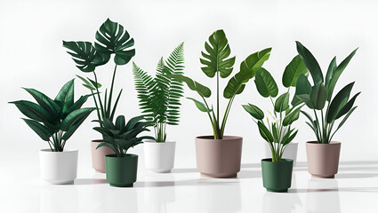 Obraz premium A vector set of lush green houseplants in contemporary planters, designed in a clean and trendy flat style. This collection includes a variety of tropical plants, creating a fresh and inviting botanic