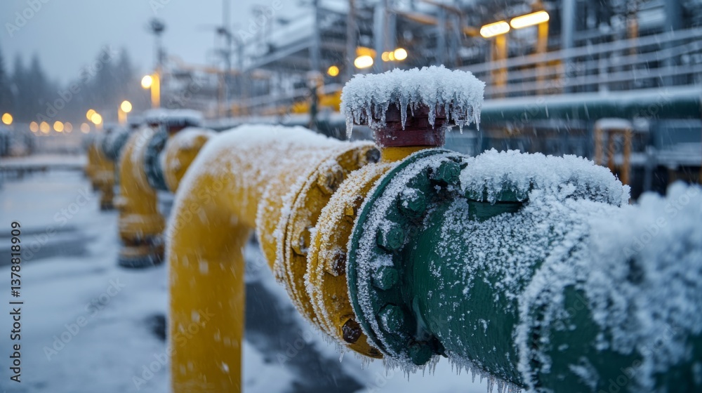Poster snow blankets the colorful pipelines and machinery at an energy generation site as cold weather sets
