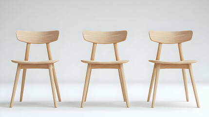 Three Light Wooden Chairs in a Row on a White Seamless Background Studio Setup With Subtle Lighting