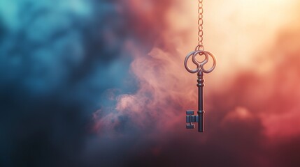 A vintage key suspended in colorful mist, symbolizing mystery and unlocking potential. Ideal for creative and conceptual projects.