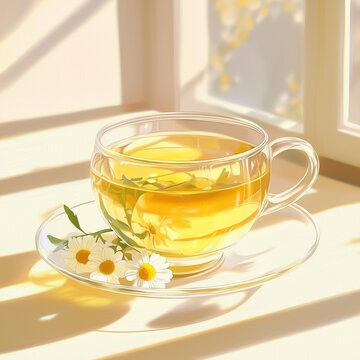 cup of tea with lemon, chamomile, ginger, tumeric