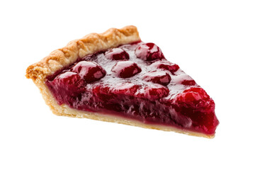 Delicious slice of cherry pie with golden crust on black background, cut out