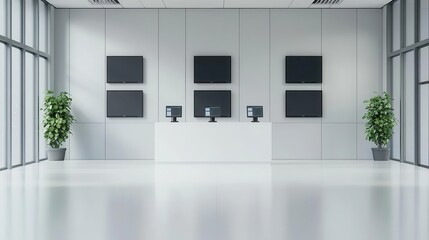 Modern bank entrance with closedcircuit cameras monitoring foot traffic, realtime footage displayed on multiple screens in the security room