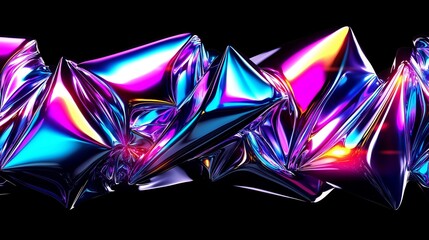 Vibrant neon abstract art with metallic geometric shapes on black background