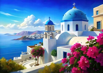 Obraz premium Aegean Sea Greek Church, Whitewashed Building, Blue Domes, Pink Flowers, Rule of Thirds Photography