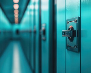 Hightech bank vault with surveillance cameras focused on the doors, live footage being reviewed by security personnel in the control center, soft blue lighting