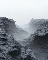 Mysterious Foggy Canyon Scene with Textured Rocky Cliffs and Atmospheric Vistas