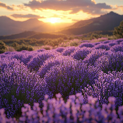 Obraz premium A picturesque landscape features endless rows of vibrant lavender plants in full bloom against a backdrop of distant mountains at sunset.