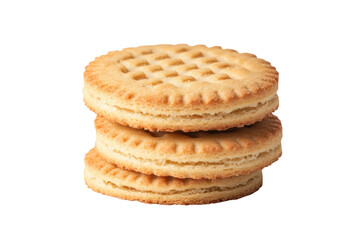 Stack of three golden waffle biscuits on black background, cut out