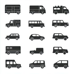 Variety of vehicle silhouettes arranged in a grid showcasing different models and types in simple black design