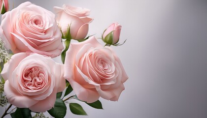 elegant pink roses with delicate accents against a soft gray background in springtime bloom