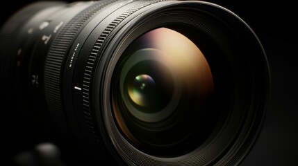 Close-up shot of a professional camera lens showcasing intricate details and reflections, perfect for photography enthusiasts.