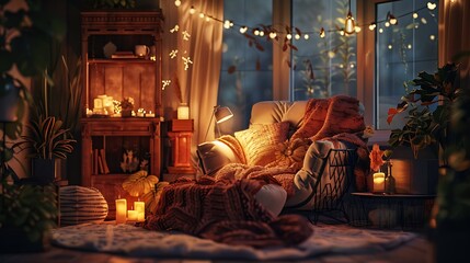 A satisfied mind with warm, comforting tones and cozy elements reflecting contentment and happiness