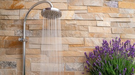 Obraz premium Outdoor shower with a curved stone wall and rainwater showerhead, surrounded by lavender plants, isolated, outdoor shower, charming Mediterranean design