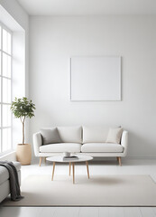 Minimalist Living Room Interior with White Sofa and Blank Frame
