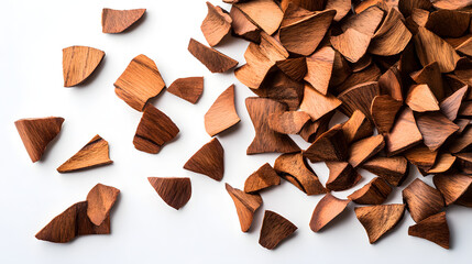 A collection of whole sandalwood chips spread out evenly on a white background, their smooth texture and natural tones enhancing the calming atmosphere.