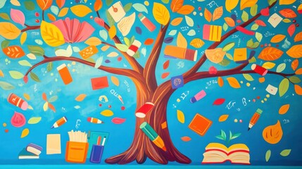 Colorful school supplies tree mural, classroom background, learning