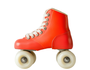 Vibrant red roller skate with white wheels and laces on black background, cut out