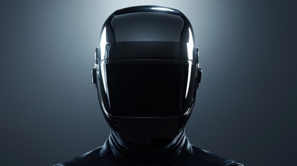 Futuristic helmeted figure in a dark setting, representing advanced technology and innovation in a modern design.
