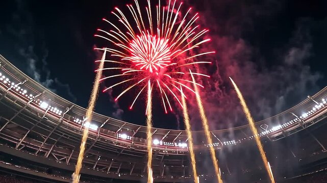 Exciting Night Football Game With Fans Celebrating Under Fireworks Generative AI