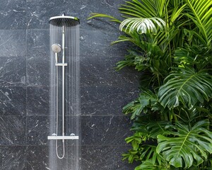 Elegant outdoor shower with marble tiles and sleek chrome fixtures, nestled within a private garden, isolated, outdoor shower, luxurious garden retreat