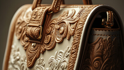A close-up of a luxurious brown leather bag, featuring ivory designs and rose gold hardware, adorned with intricate carvings and detailed designs for an elegant, sophisticated design.