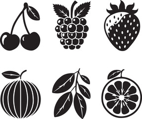A collection of black fruit silhouettes on a white background.