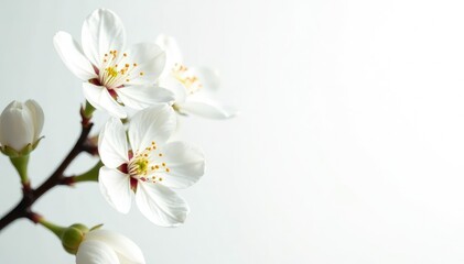 Fototapeta premium Delicate white blossoms against a stark white backdrop , petals, aesthetic