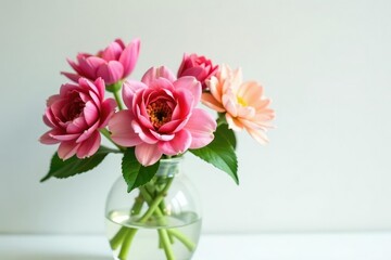 Fototapeta premium Freshly cut flower in a vase on a white surface, decorative arrangement, flowers