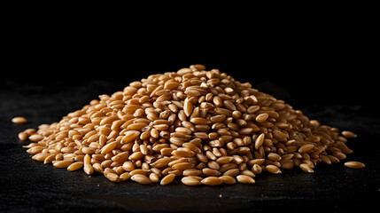 Obraz premium Golden einkorn grains arranged in a neat pile on a dark background, highlighting their smooth texture and elongated shape.