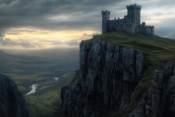 A castle stands proudly atop a rugged cliff overlooking the landscape below Immersing yourself in the rich history of a medieval castle.